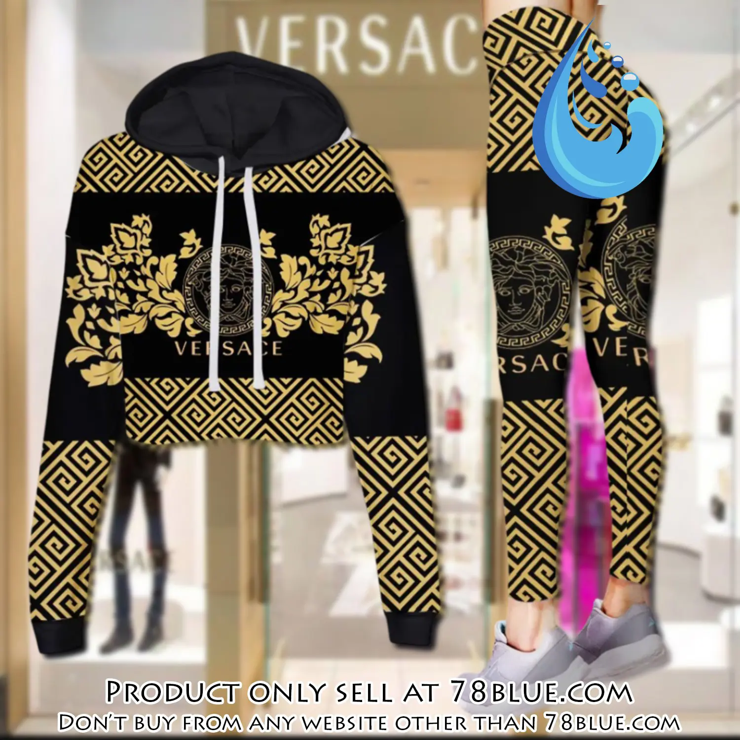 Versace medusa yellow pattern luxury brand clothes leggings and crop top set for women 78b0522327